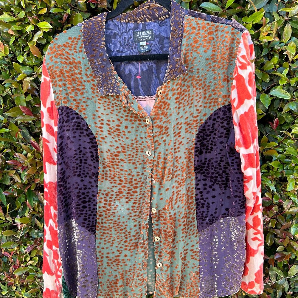 Citron Santa Monica Multicolored Patchwork Button-Up Blouse